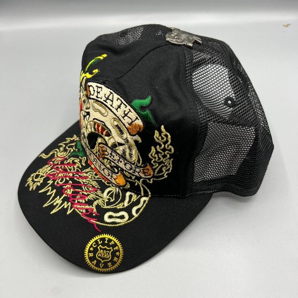 Vintage Cliff Raven Hat Black Ed Hardy Japanese tattoo Snap back Trucker Cap 90s - Picture 2 of 8